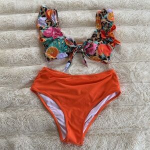 Tropical Print Bikini Set with Orange Bottoms